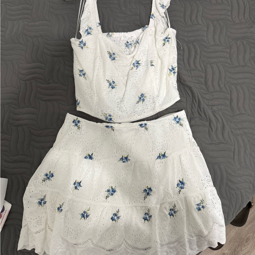White Eyelet Two-Piece Mini Dress with Blue Floral Embroidery